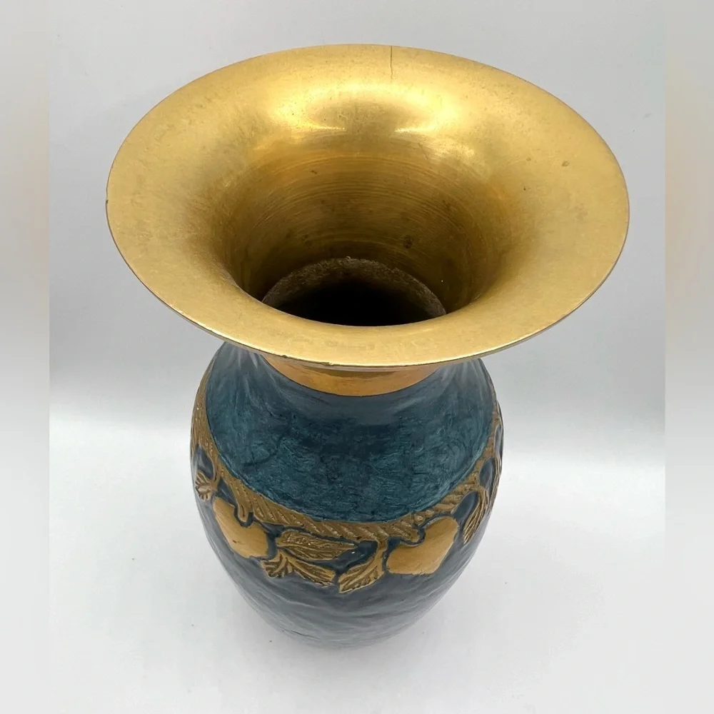 VTG Solid Brass Blue Enamel Vase Decorative India Hanging Leaves Fruits MCM 8.5